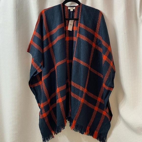 NWT LOFT Red Plaid Open Poncho - Picture 1 of 6
